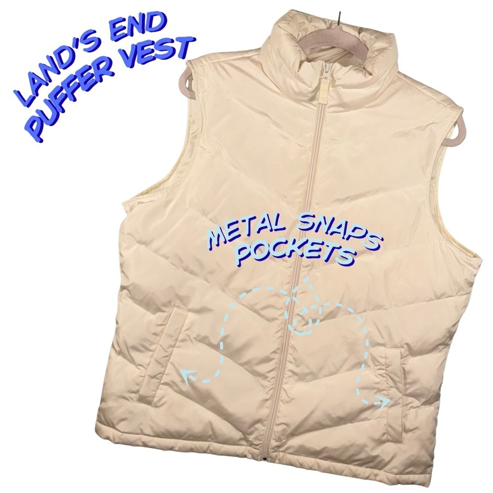 Women's Lands End Down Puffer Vest Winter White Lightweight Metal Snap Pockets L